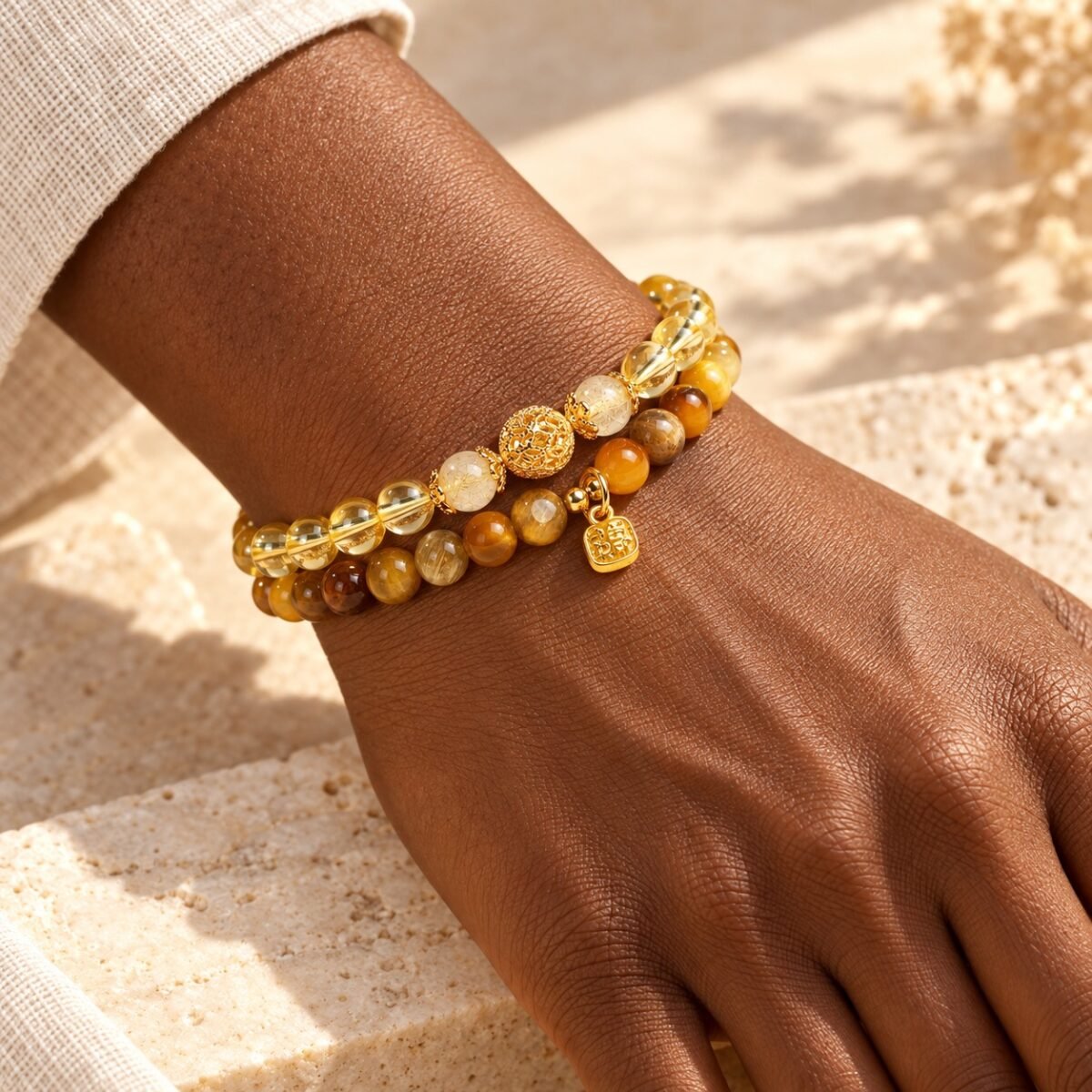 golden-momentum-tiger-eye-and-citrine-wealth-talisman-bracelet-double-strand-6mm-black-wrist-lifestyle Golden Momentum Tiger Eye & Citrine Wealth Talisman Bracelet