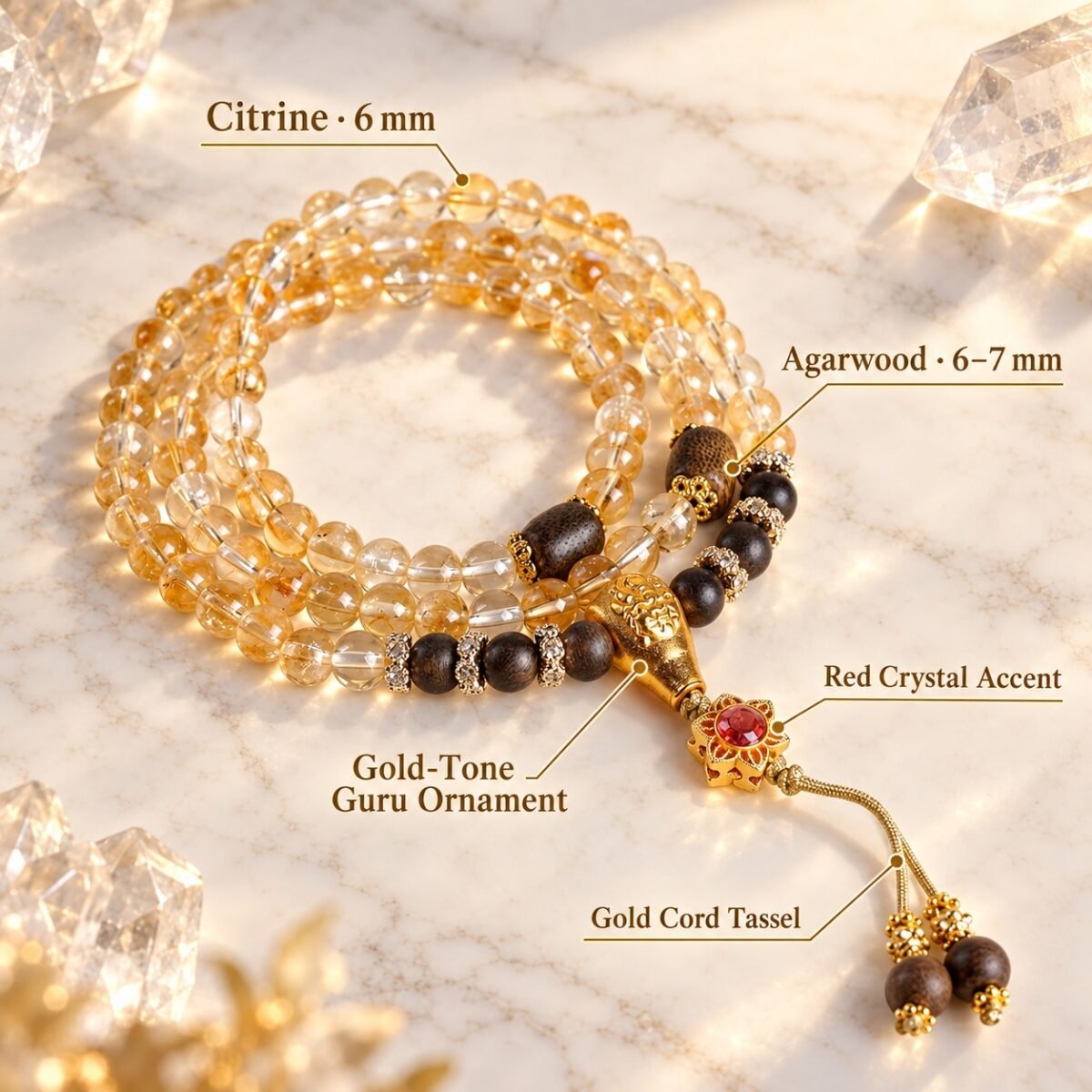 golden-quartz-agarwood-mala-components-en Golden Quartz Agarwood Mala
