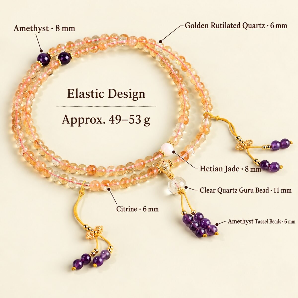 golden-quartz-amethyst-prayer-mala-materials-size-v2 Golden Quartz & Amethyst 108-Bead Mala Bracelet & Necklace