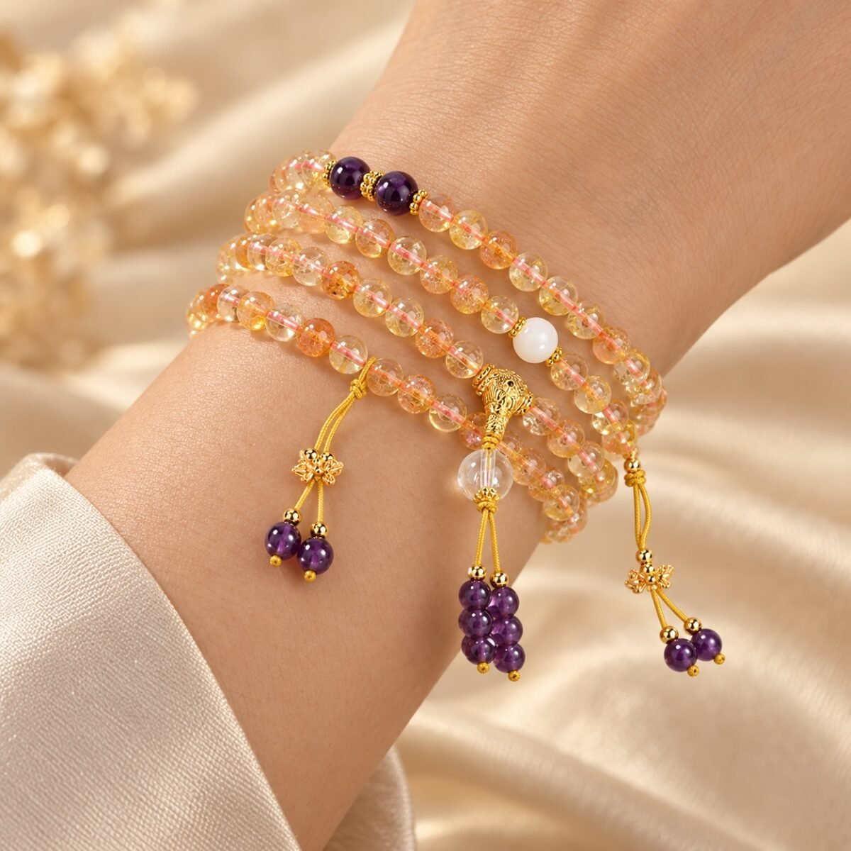 golden-quartz-amethyst-prayer-mala-worn-multiwrap-v2 Golden Quartz & Amethyst 108-Bead Mala Bracelet & Necklace