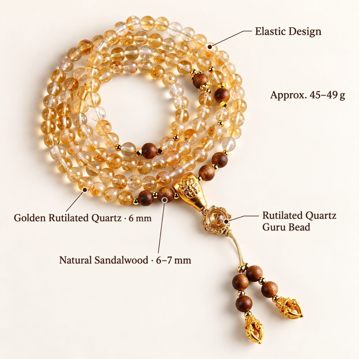 Golden Quartz Sandalwood Guru Mala