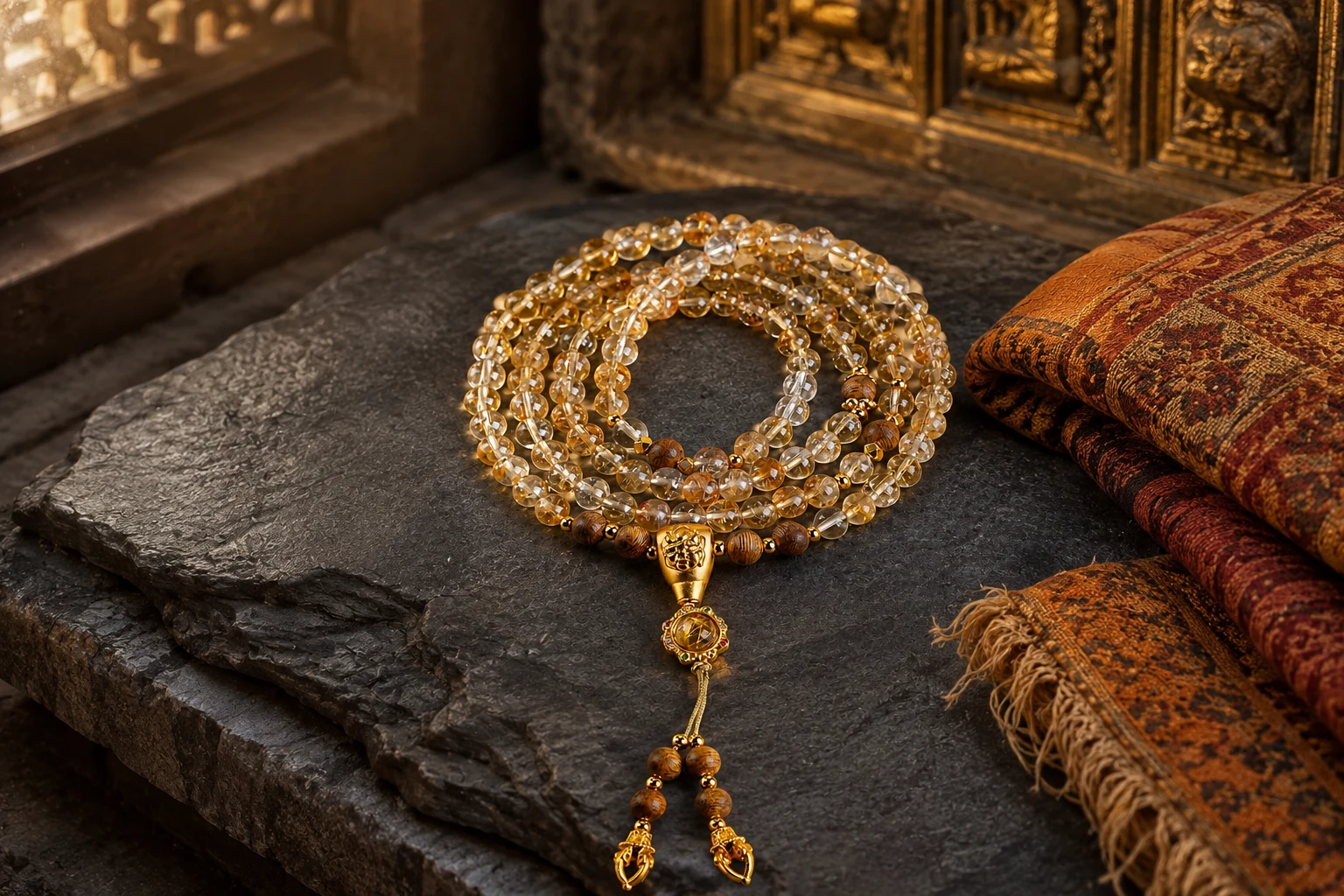 Golden quartz and sandalwood guru mala on a slate surface