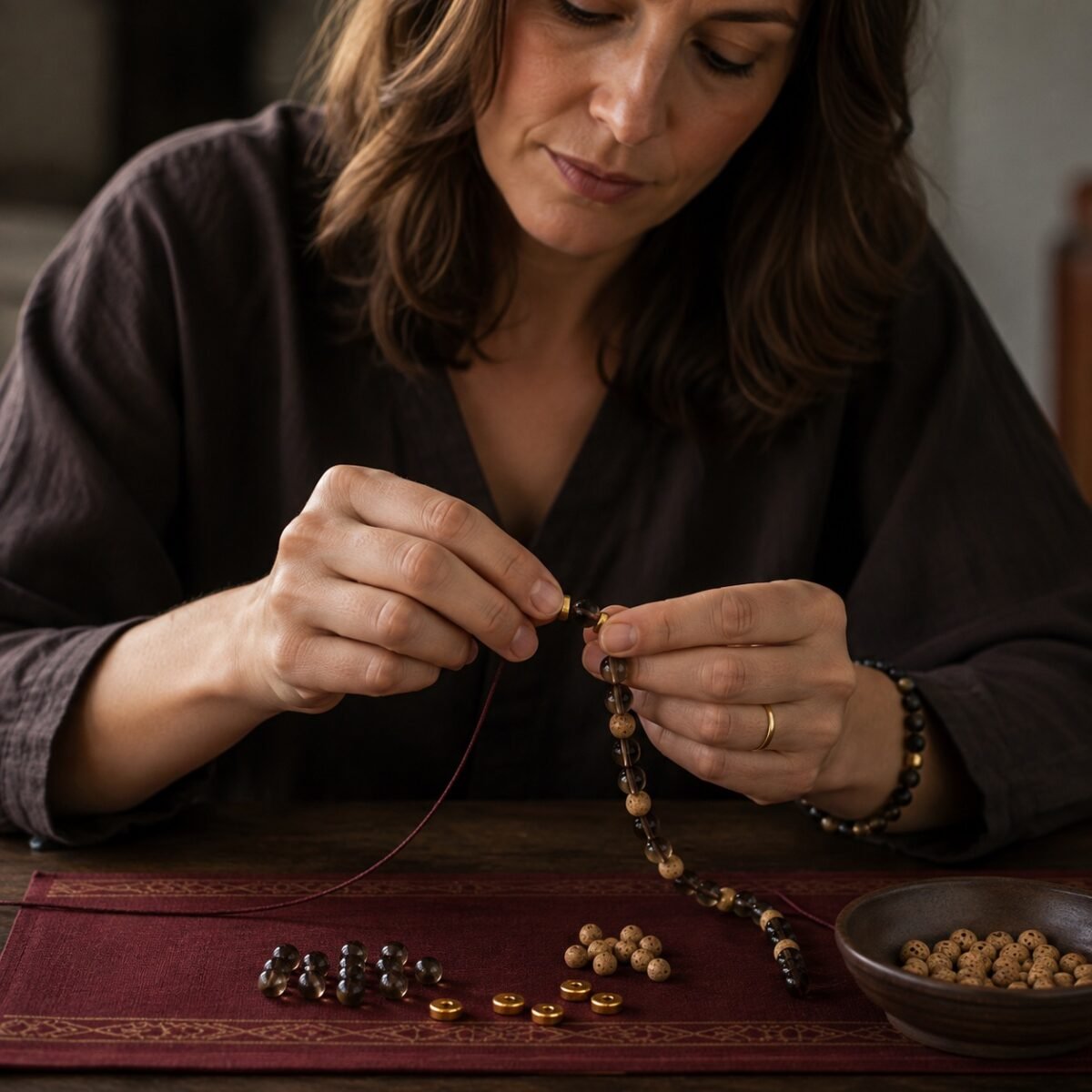 golden-stillness-mala-spacer-diy-stringing Golden Stillness Mala Spacer