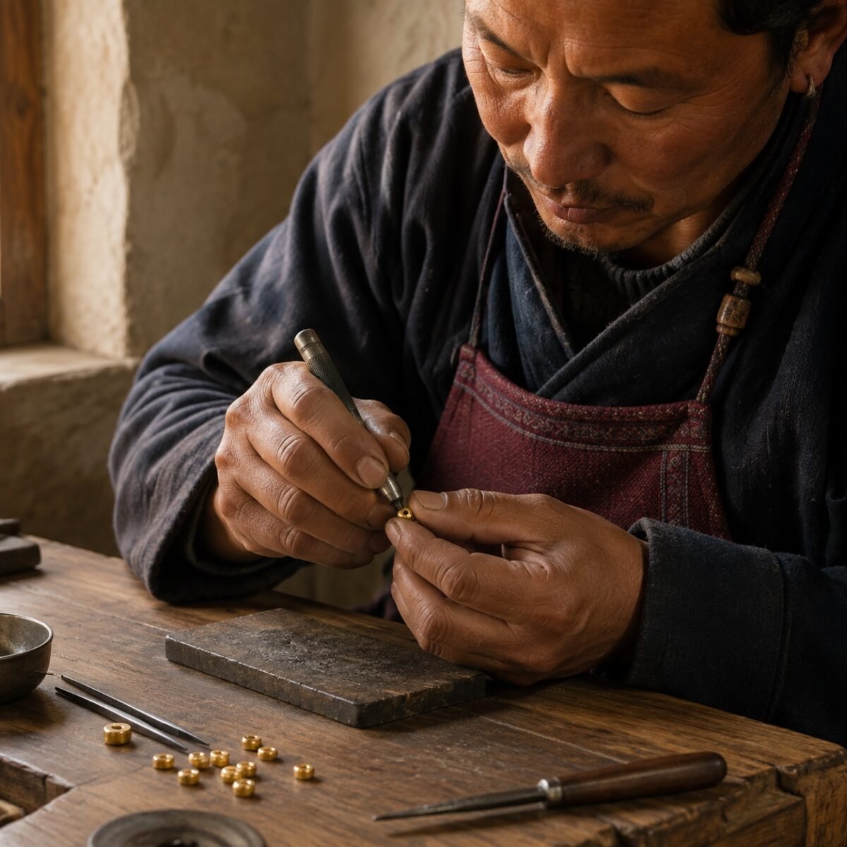 golden-stillness-mala-spacer-tibetan-artisan Golden Stillness Mala Spacer
