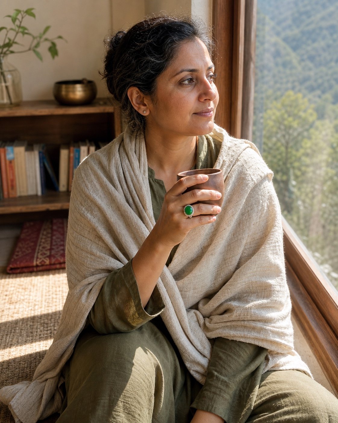 Woman in linen wearing a green jade statement ring during a quiet morning ritual