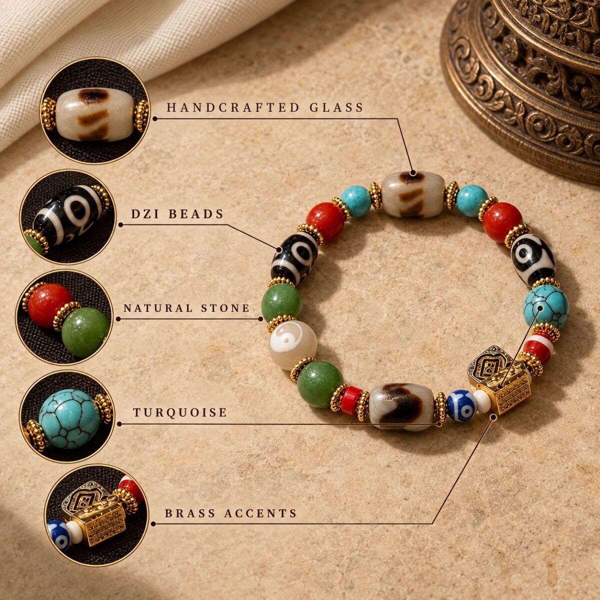Turquoise & Earth-Red Himalayan Dzi Protection Bracelet