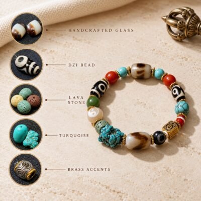 Turquoise & Earth-Red Himalayan Dzi Protection Bracelet
