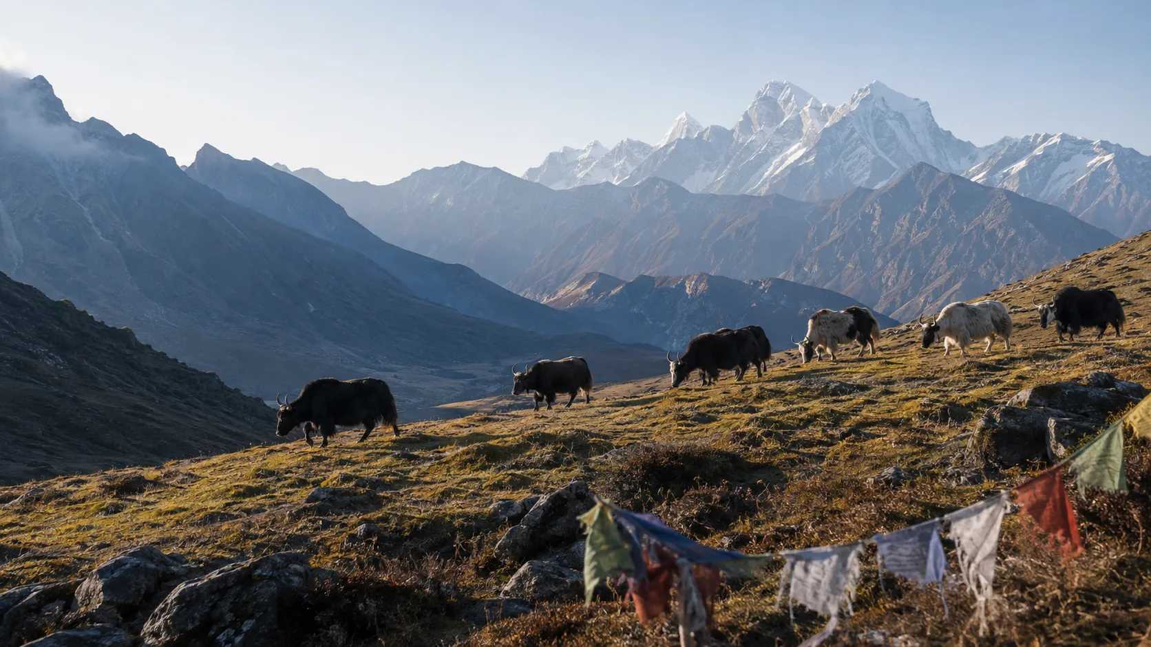 Editorial illustration of yaks in a Himalayan mountain valley