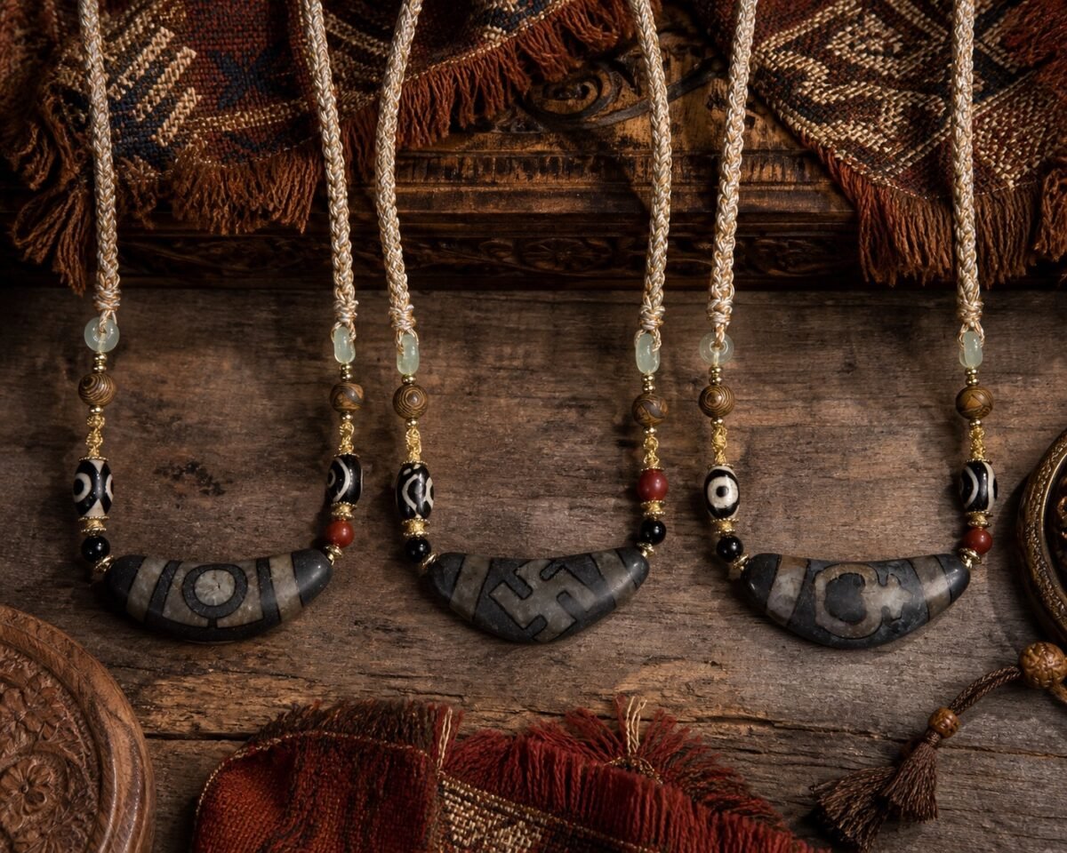 Smoky Umber Bead Necklace with natural-horn Dzi-style focal bead and adjustable cord