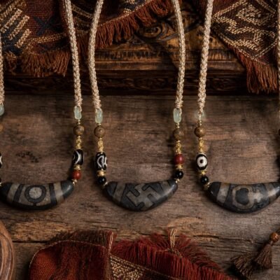 Smoky Umber Bead Necklace with natural-horn Dzi-style focal bead and adjustable cord