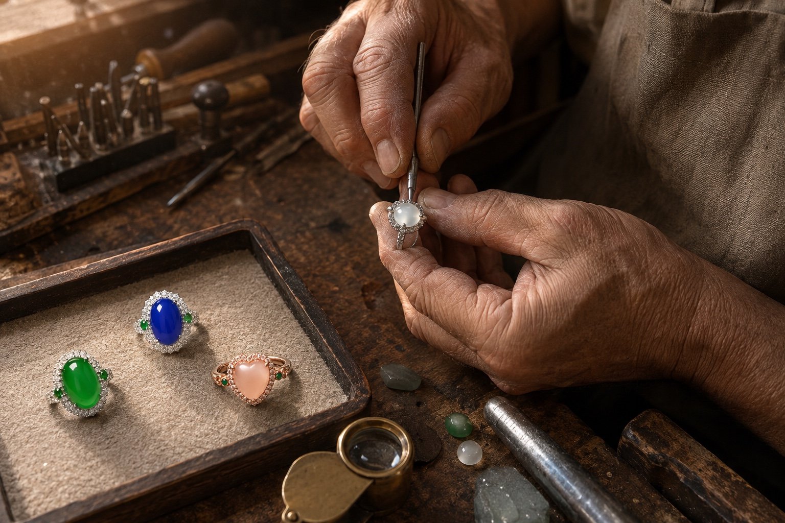An artisan setting a white jade ring in a workshop