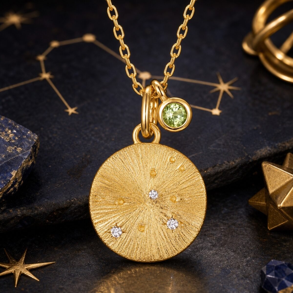 Leo gold zodiac medallion necklace with natural peridot accent