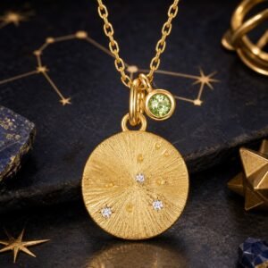 Leo gold zodiac medallion necklace with natural peridot accent
