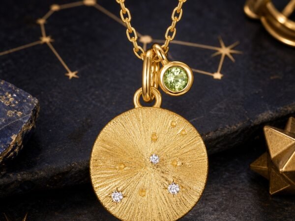 Leo gold zodiac medallion necklace with natural peridot accent