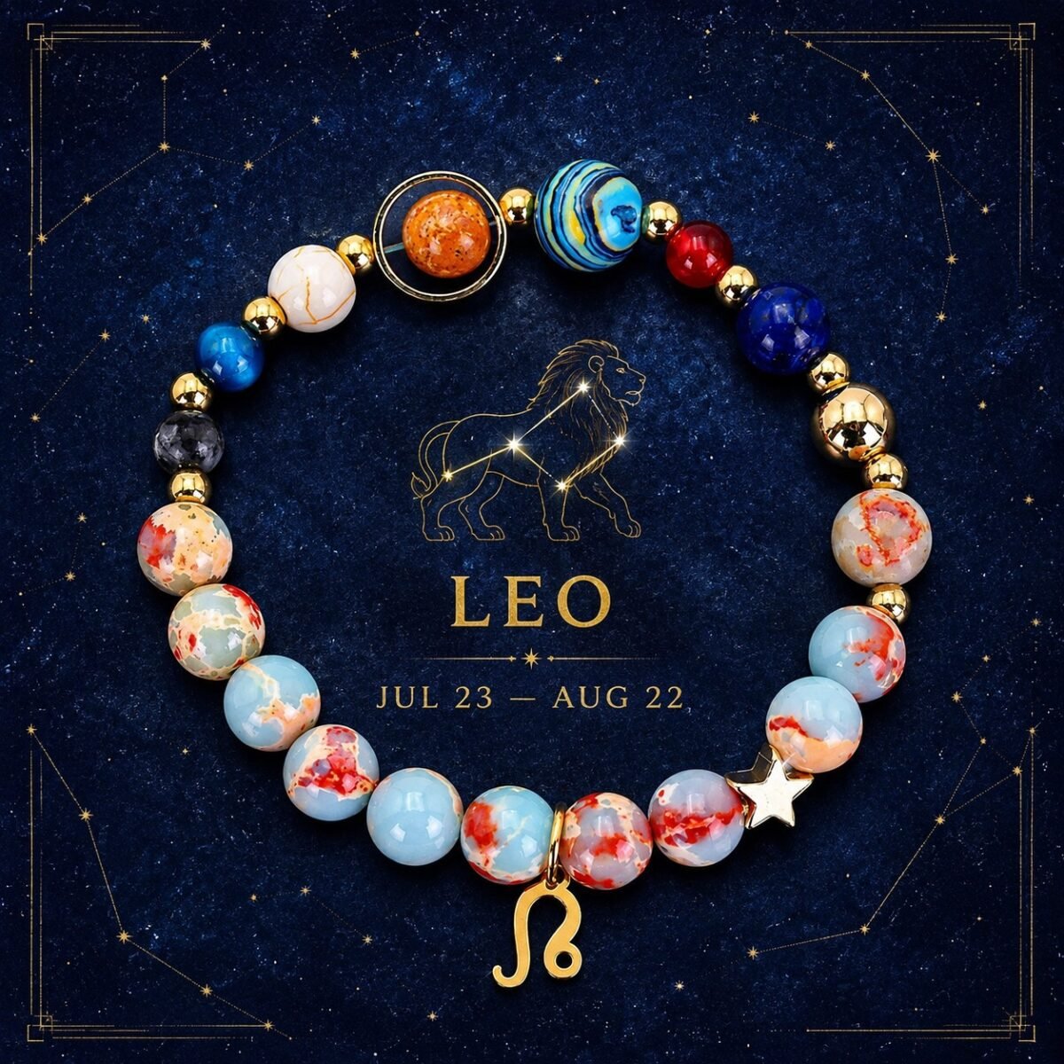 Leo Planetary Bracelet with sky-blue, cream, and pale marbled natural-stone beads