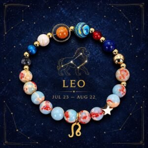 Leo Planetary Bracelet with sky-blue, cream, and pale marbled natural-stone beads