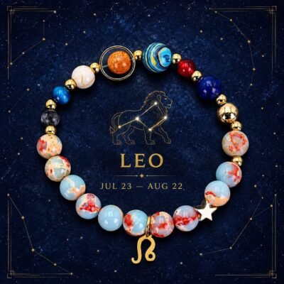 Leo Planetary Bracelet with sky-blue, cream, and pale marbled natural-stone beads