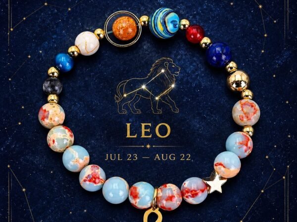 Leo Planetary Bracelet with sky-blue, cream, and pale marbled natural-stone beads