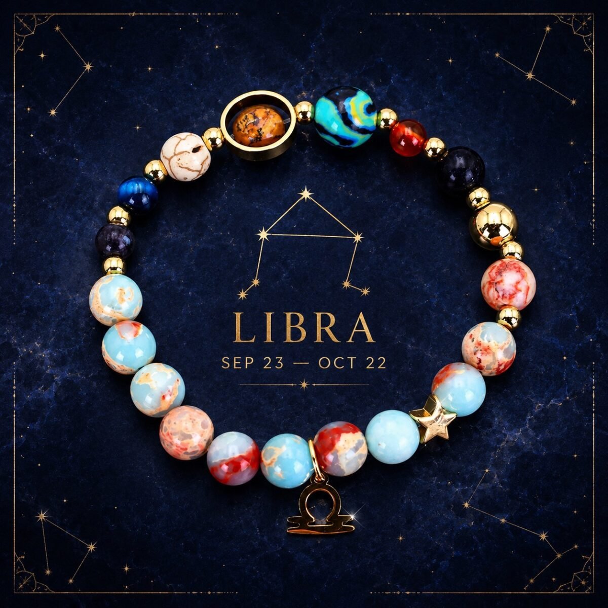 Libra Planetary Bracelet with sky-blue, cream, and pale marbled natural-stone beads
