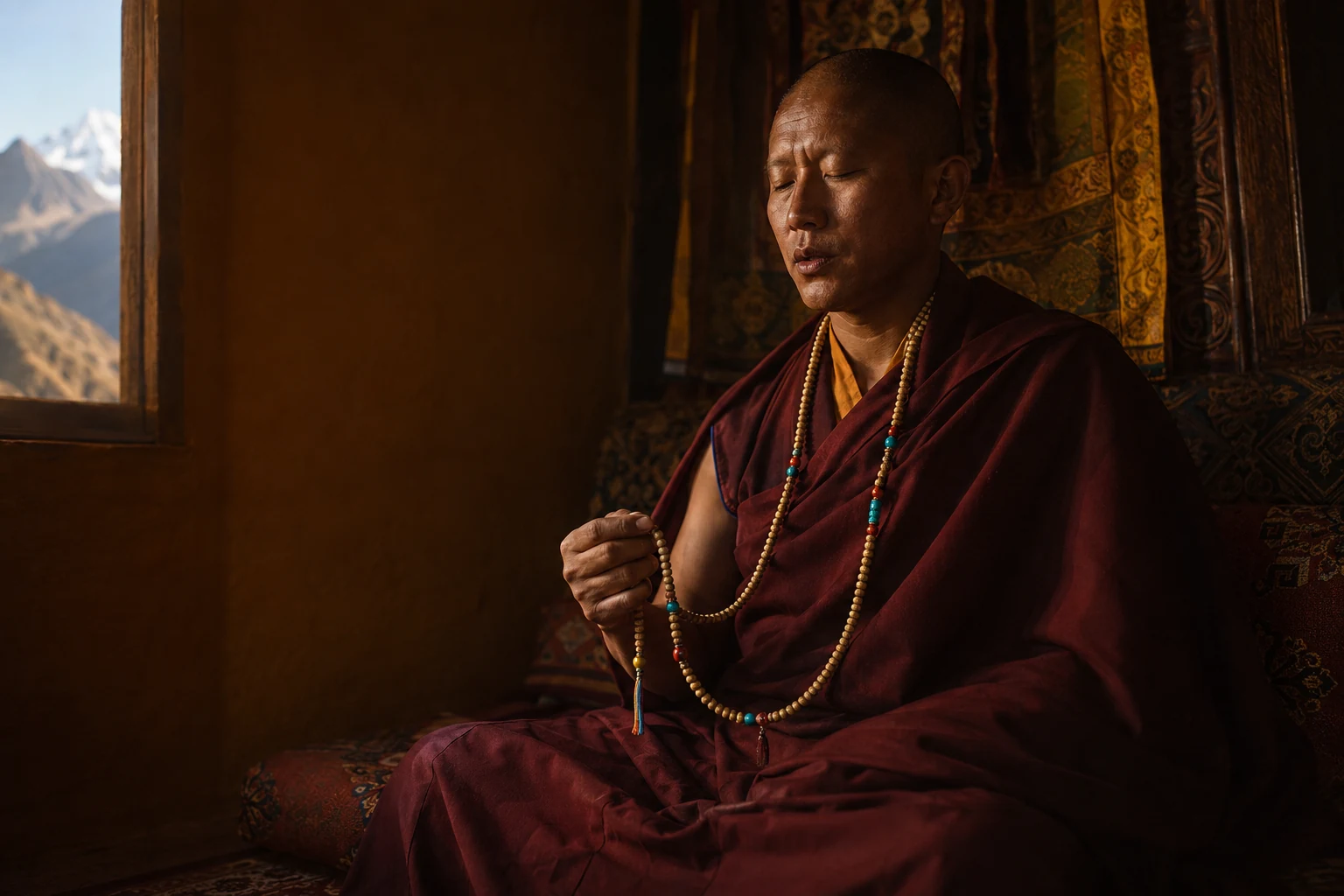 Prayer beads mala used in meditation by a Buddhist monk in a Himalayan setting
