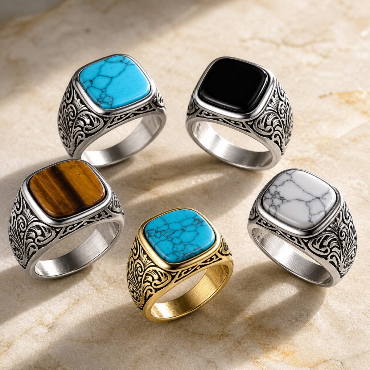 Men's Ornate Turquoise & Stone Signet Ring