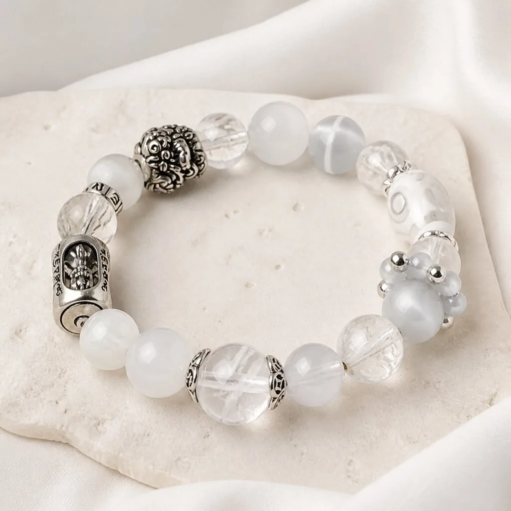 Clear Mind Vajra Crystal Bracelet in white and metallic Metal element colors