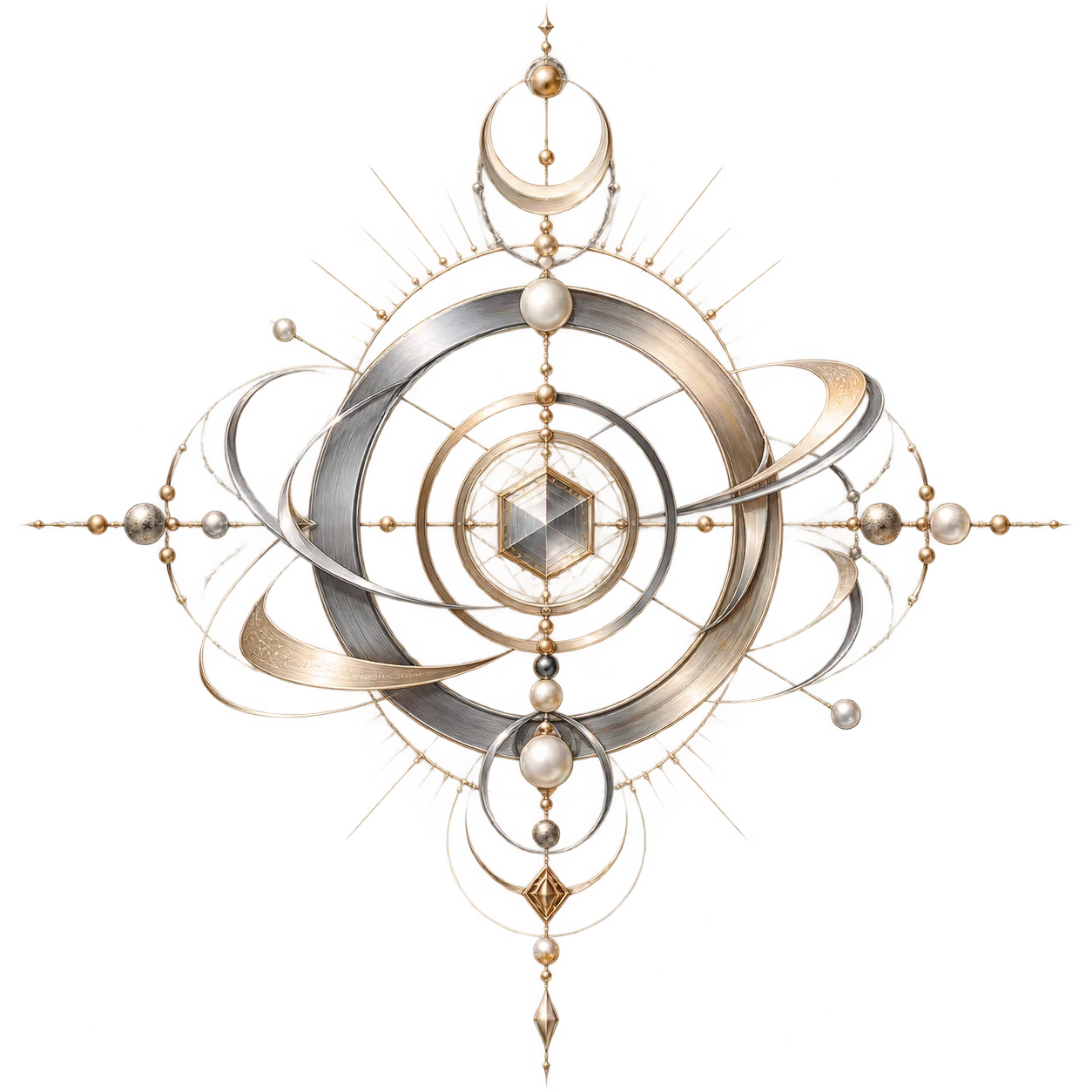 Refined silver Metal element totem with concentric rings and facets