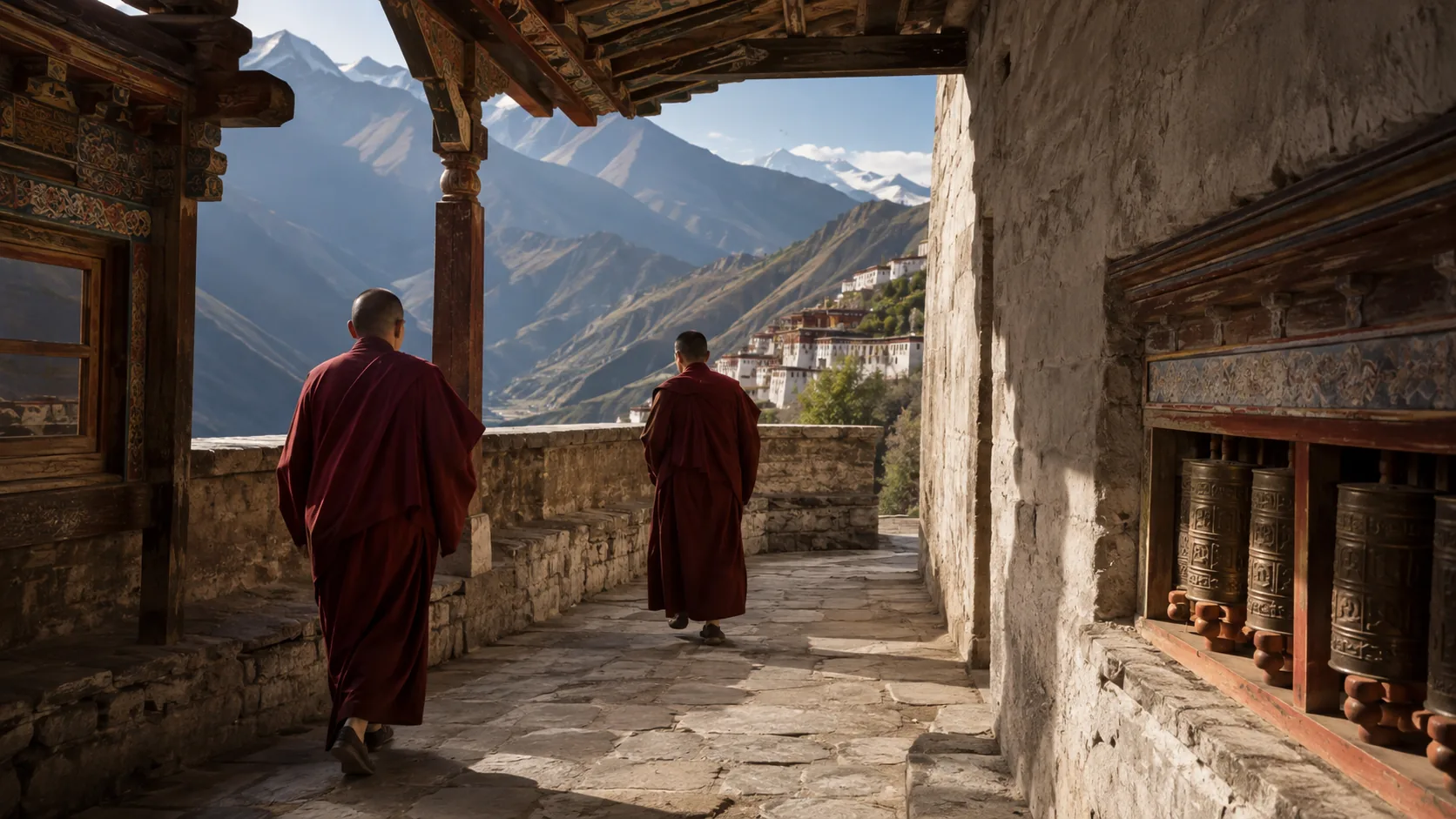 Editorial illustration of monks walking through a Himalayan monastery corridor