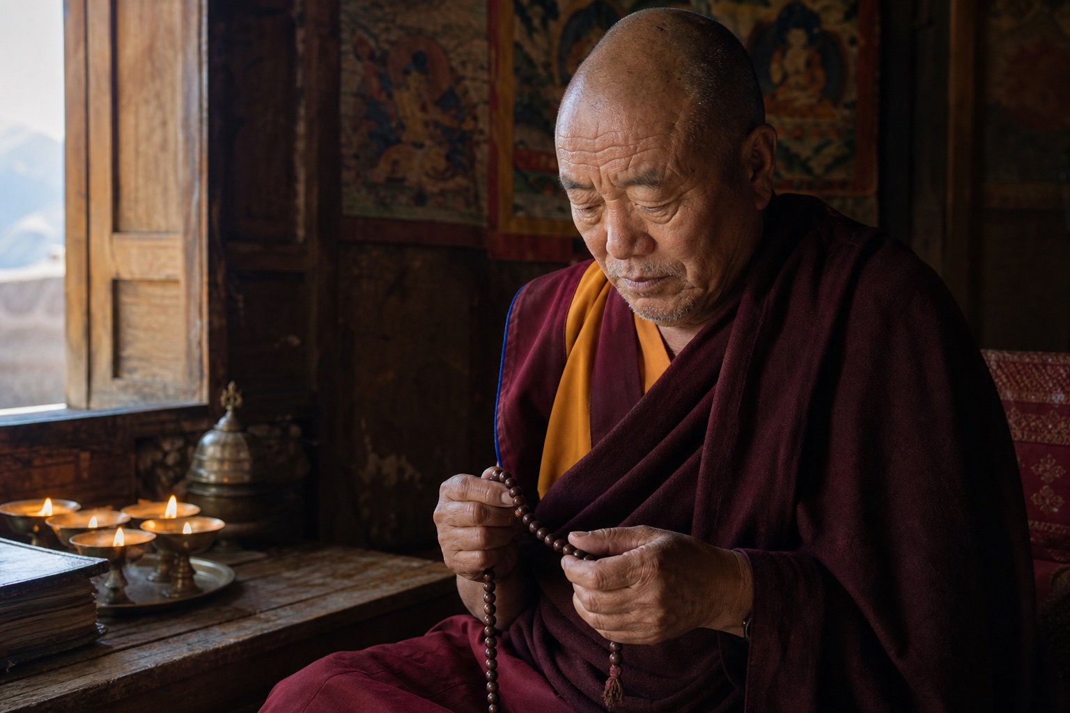 Fictional elderly Tibetan Buddhist monk counting a wooden mala in a Himalayan monastery