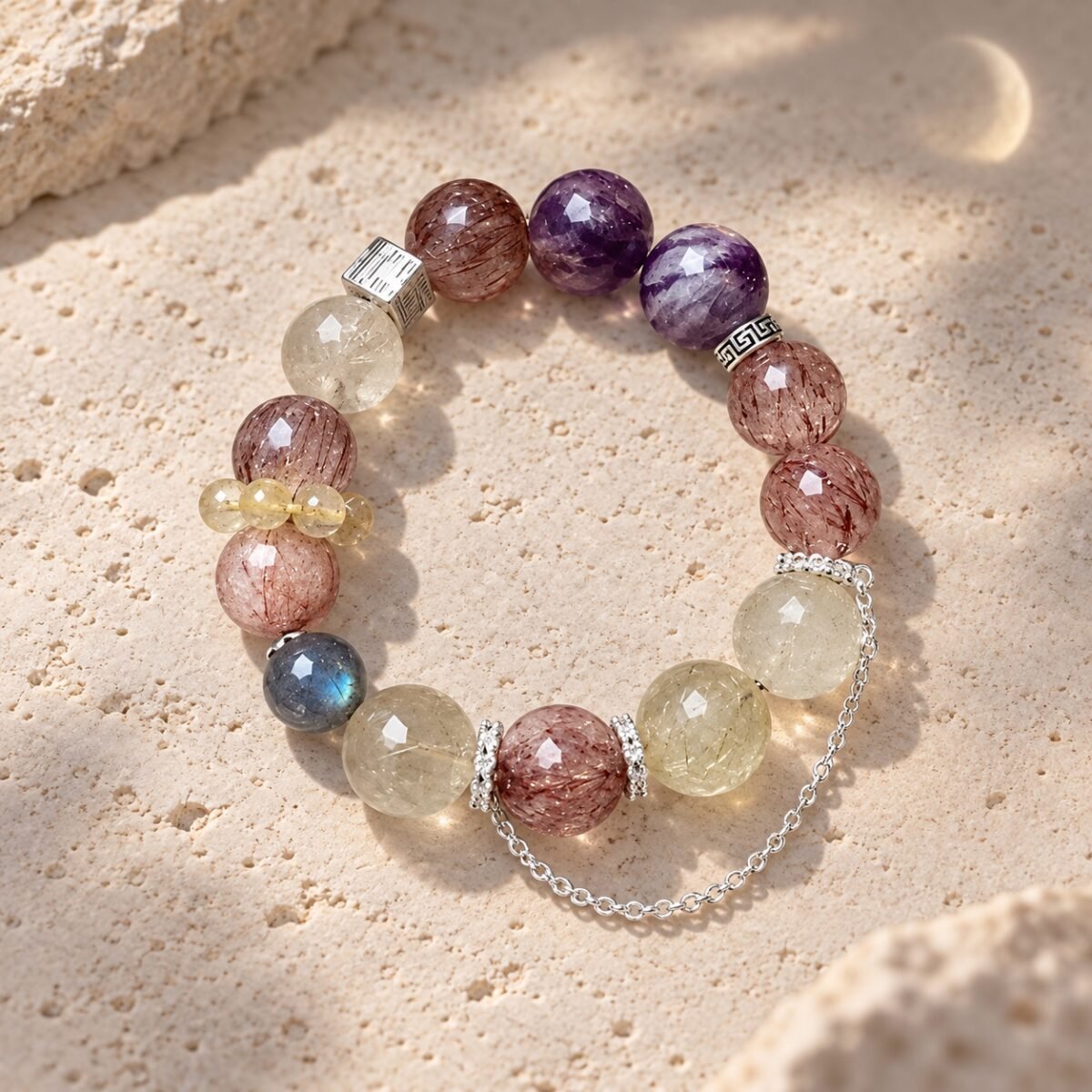 Moonlit Guardian Crystal Bracelet with Purple Phantom Quartz, Rutilated Quartz, Gray Moonstone, and Black-Gold Super Seven beads