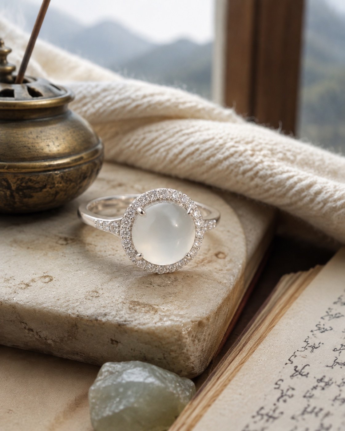 Moonlit white jade halo ring by a mountain window