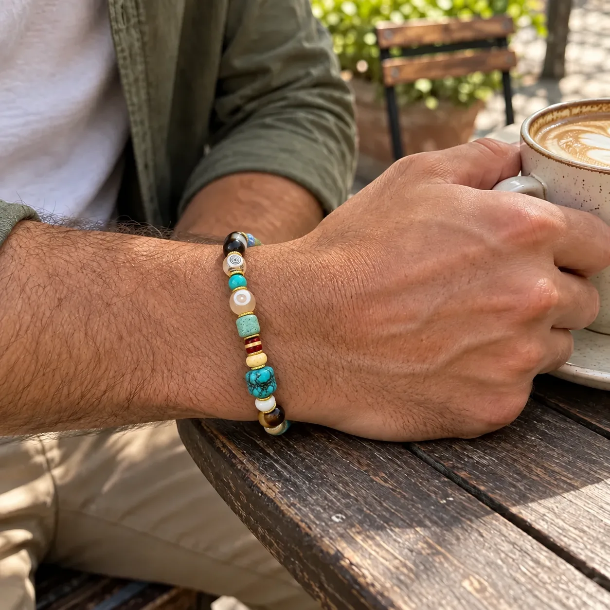 Styled customer scene featuring Turquoise & Earth-Red Himalayan Dzi Protection Bracelet
