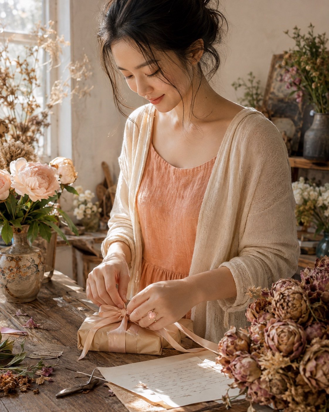 Woman wearing a peach jade ring while preparing a gift