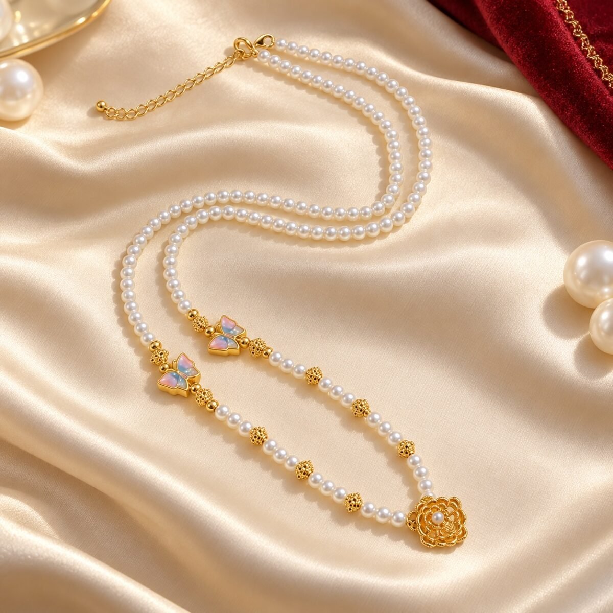 Pearl Butterfly Grace Chain with white beads, butterfly accents and a floral finishing charm
