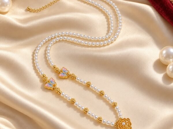 Pearl Butterfly Grace Chain with white beads, butterfly accents and a floral finishing charm