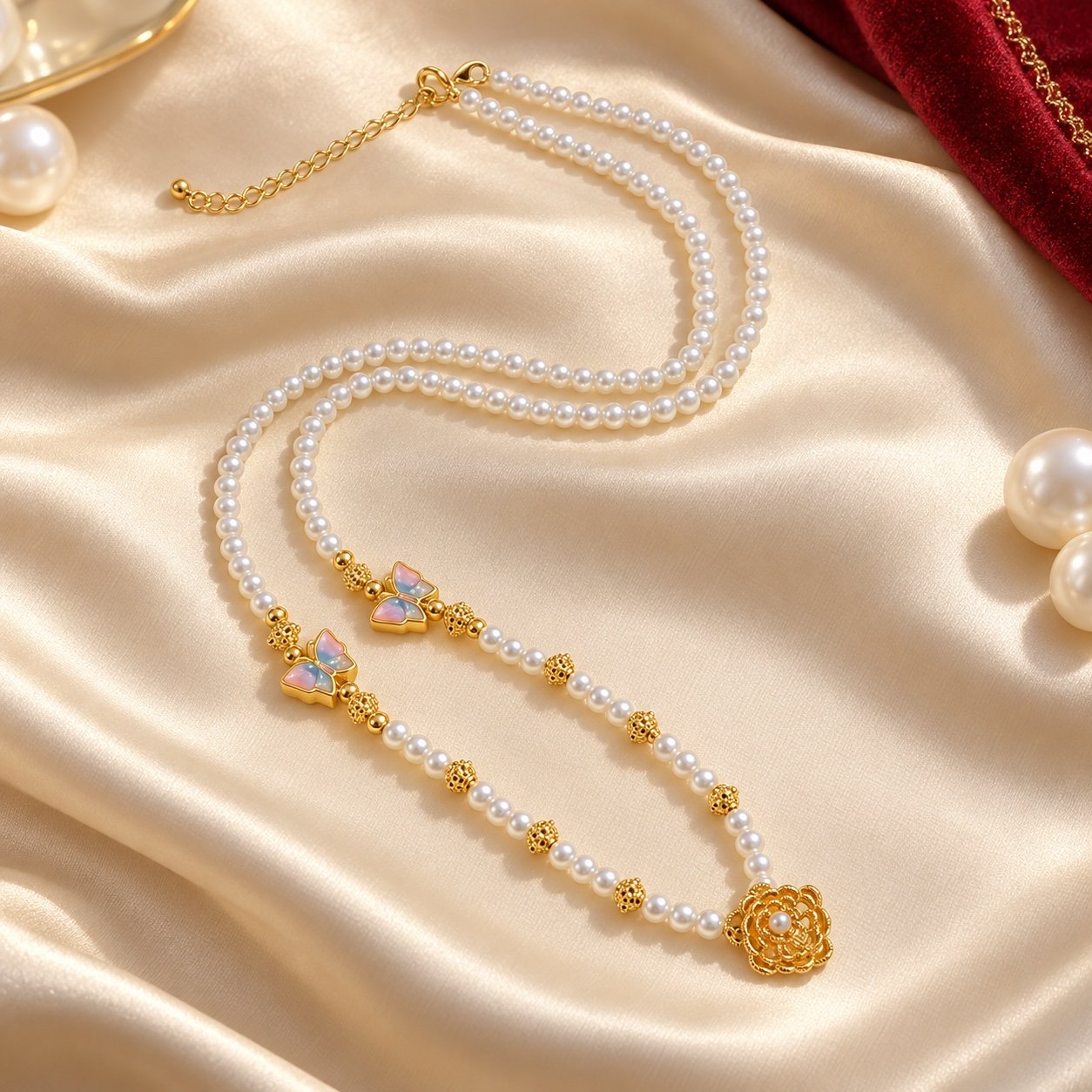 Woman placing a pearl and butterfly chain into a cream fabric-lined jewelry box