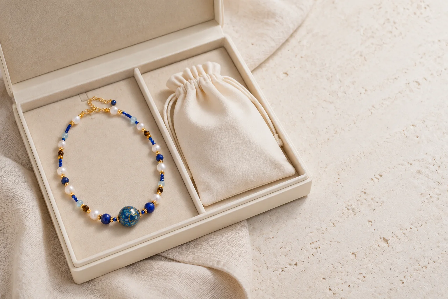 Pearl and lapis necklace stored separately in a cream fabric-lined jewelry box
