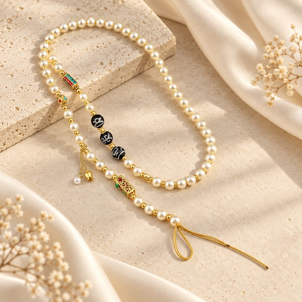 Pearl Mantra Charm Chain with white beads, black mantra-inspired accents and gold-tone details