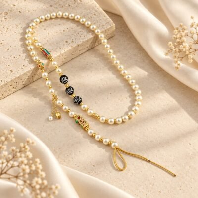 Pearl Mantra Charm Chain with white beads, black mantra-inspired accents and gold-tone details