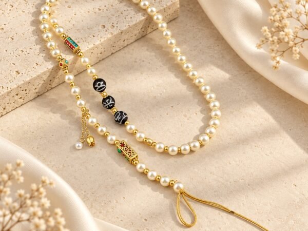 Pearl Mantra Charm Chain with white beads, black mantra-inspired accents and gold-tone details