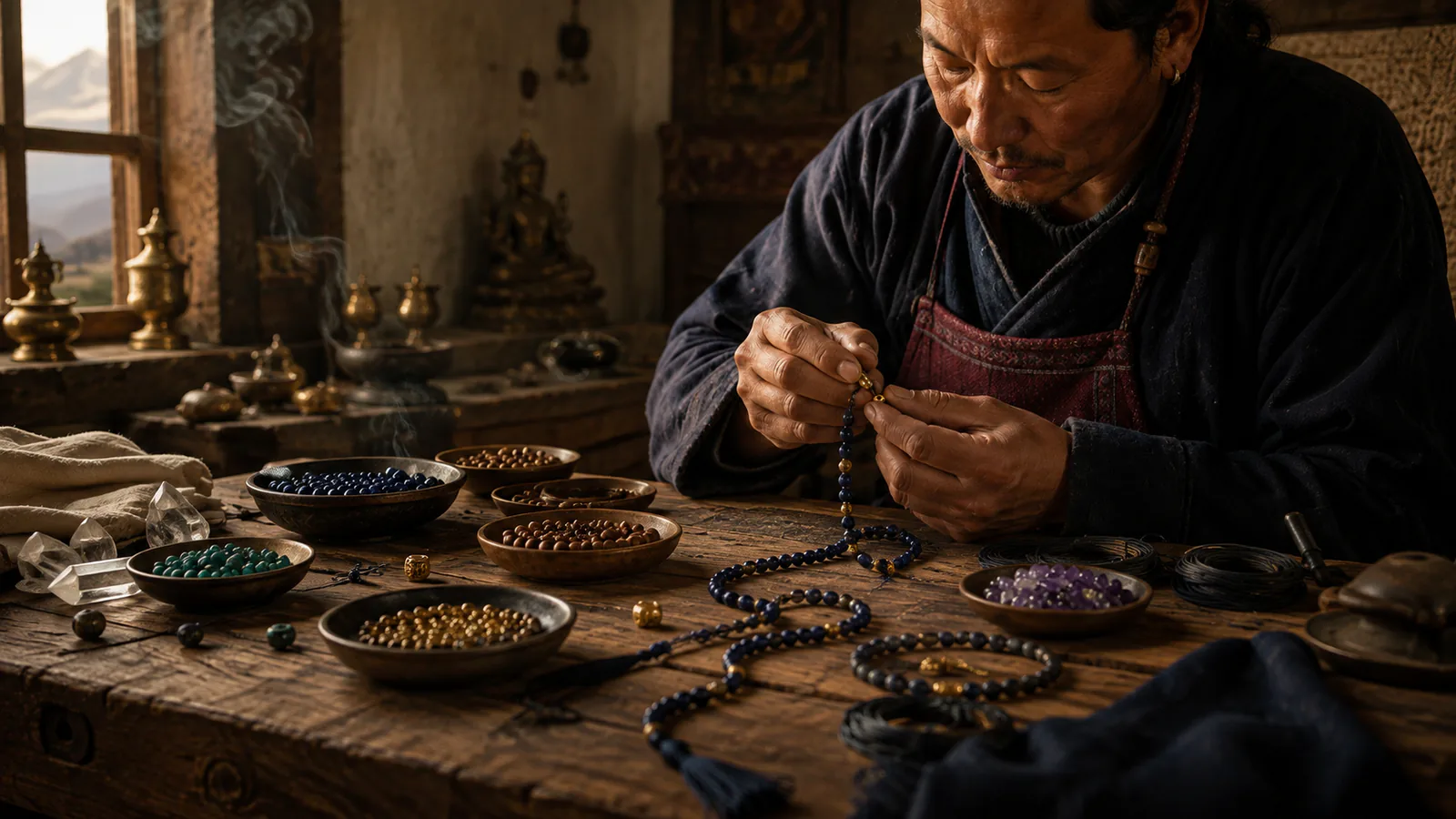 Artisan creating a personalized mala with gemstone beads