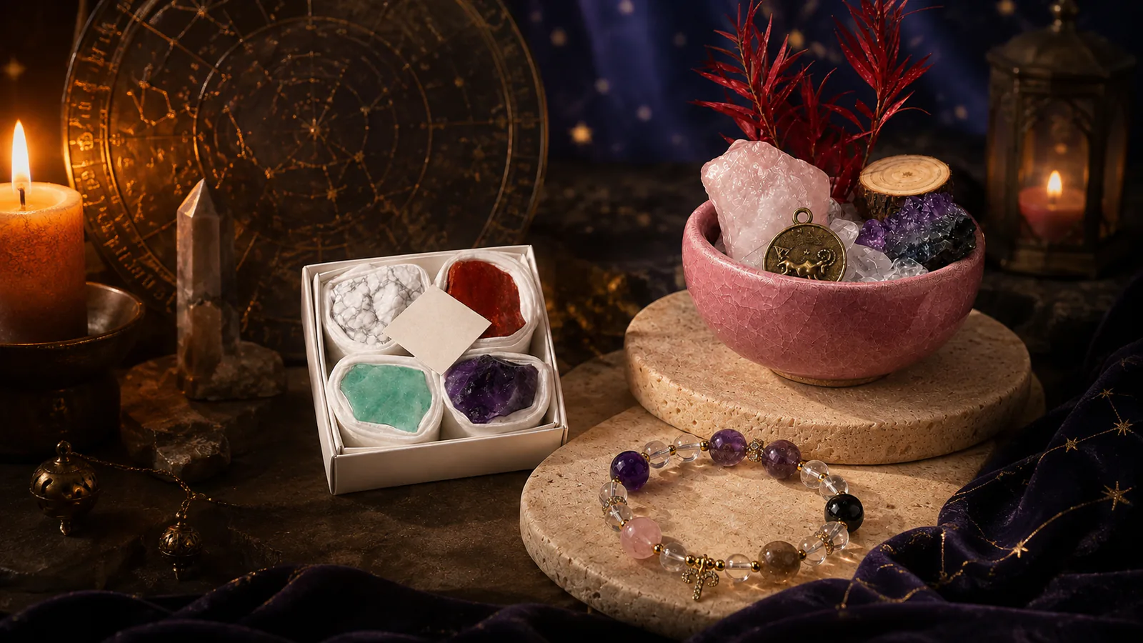 Personalized zodiac crystal ritual set in an astrologer's atelier