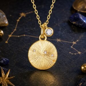 Constellation medallion necklace with Pisces design and natural aquamarine accent