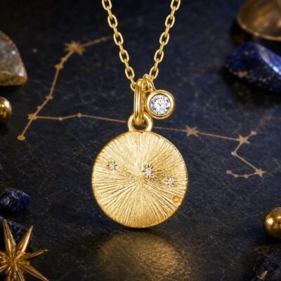 Constellation medallion necklace with Pisces design and natural aquamarine accent
