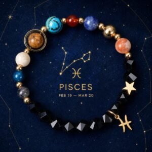 Pisces Zodiac Bracelet with glossy black faceted natural-stone beads