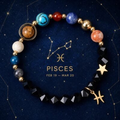 Pisces Zodiac Bracelet with glossy black faceted natural-stone beads