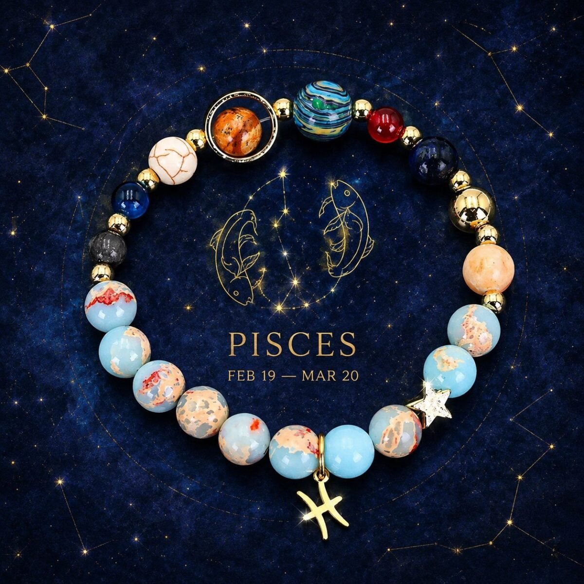 Pisces Planetary Bracelet with sky-blue, cream, and pale marbled natural-stone beads