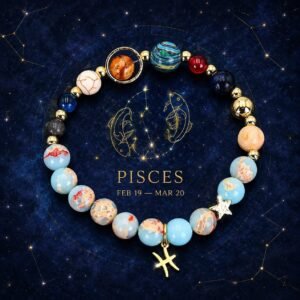 Pisces Planetary Bracelet with sky-blue, cream, and pale marbled natural-stone beads
