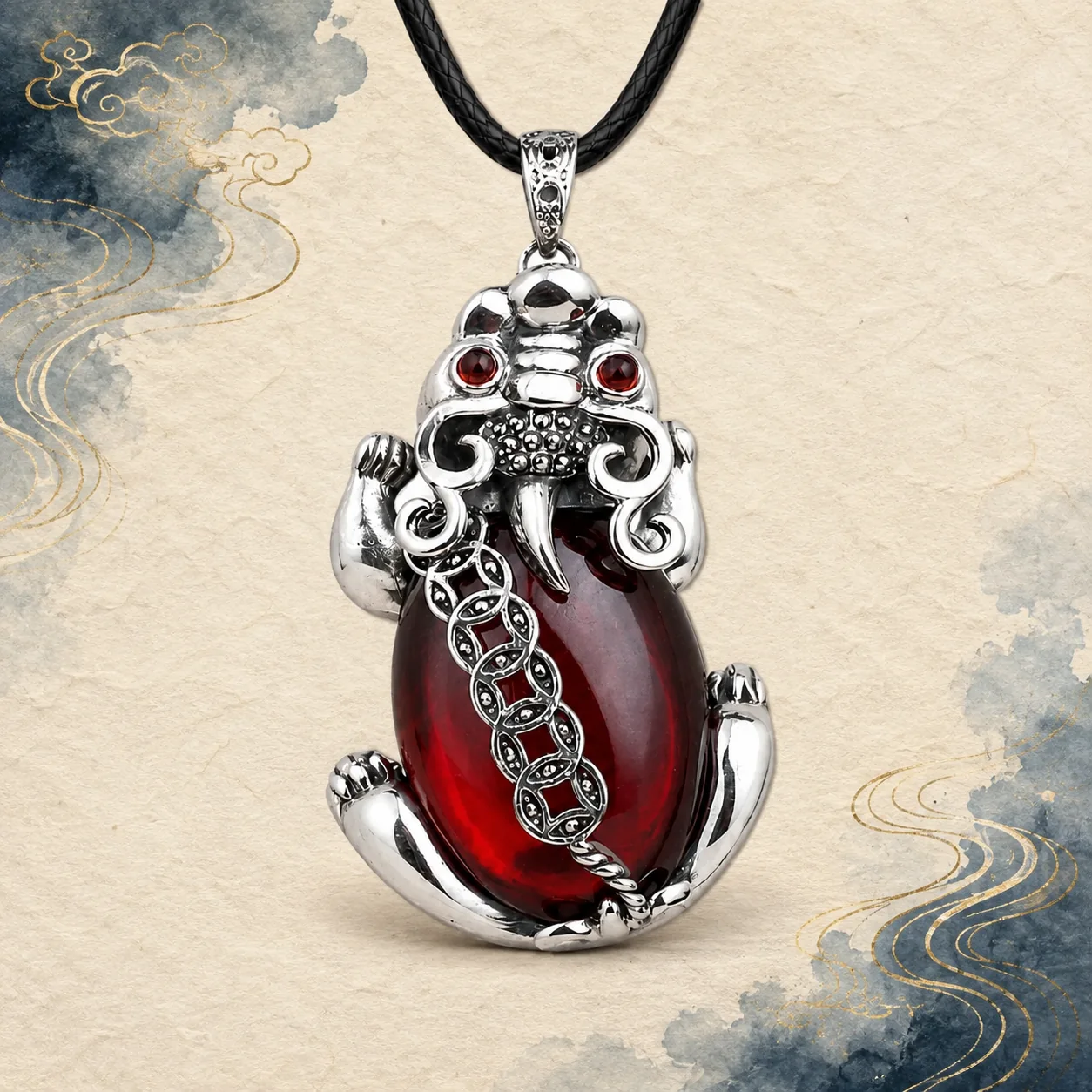 Red Pixiu guardian pendant on a black cord