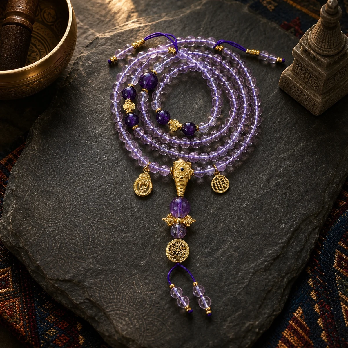 Amethyst and clear quartz multi wrap mala